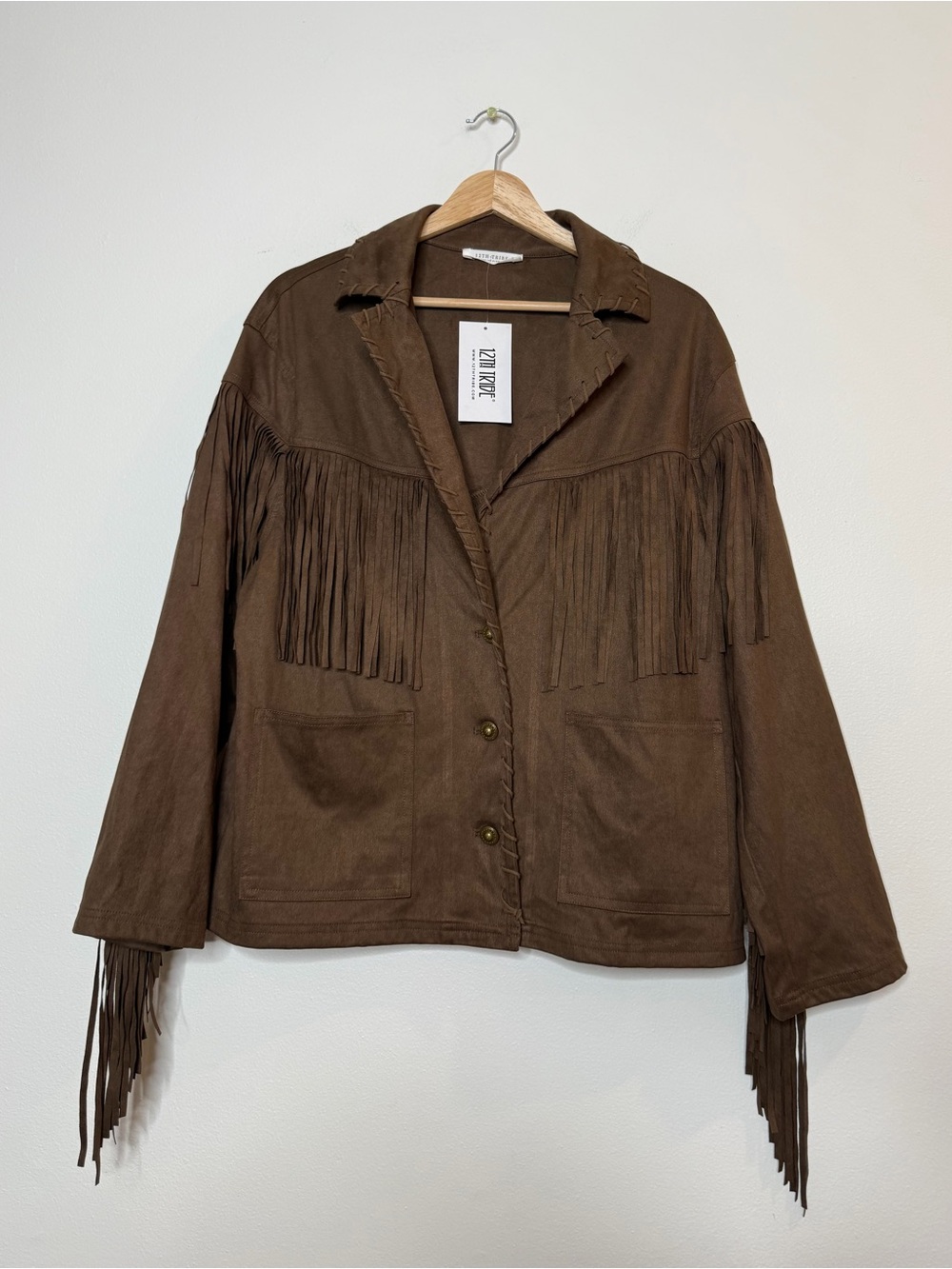 New 12th Tribe Faux Suede Western Fringe boho chic biker festival jacket brown